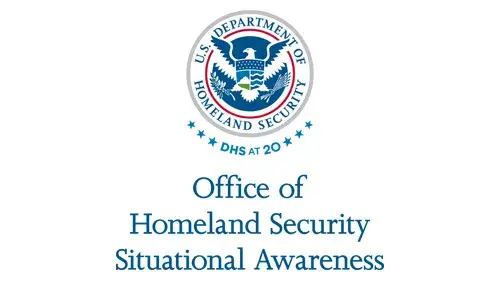 Vertical OSA wordmark/lockup in blue with "DHS at 20" below the DHS seal