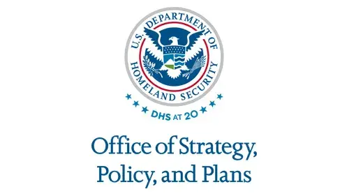 Vertical PLCY wordmark/lockup in blue with "DHS at 20" below the DHS seal