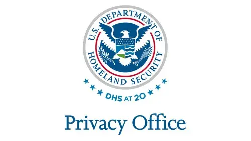 Vertical PRIV wordmark/lockup in blue with "DHS at 20" below the DHS seal