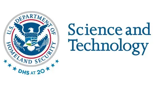 Horizontal S&T wordmark/lockup in blue with "DHS at 20" below the DHS seal