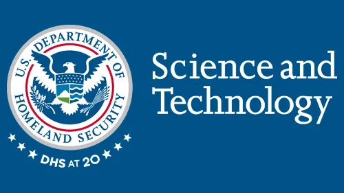 Horizontal S&T wordmark/lockup in white with "DHS at 20" below the DHS seal