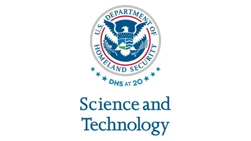 Vertical S&T wordmark/lockup in blue with "DHS at 20" below the DHS seal