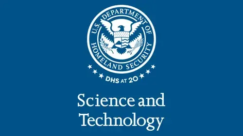Vertical S&T wordmark/lockup in monochrome white with "DHS at 20" below the DHS seal