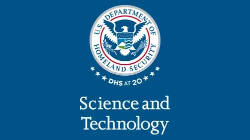 Vertical S&T wordmark/lockup in white with "DHS at 20" below the DHS seal