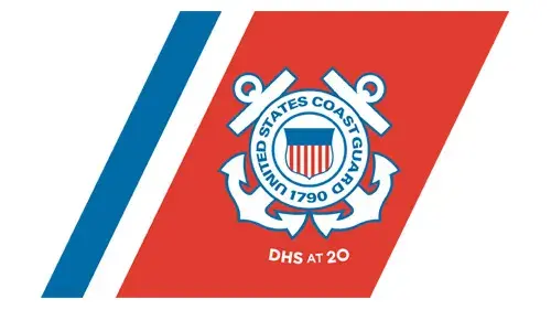 USCG logo with "DHS at 20" below the USCG logo in white