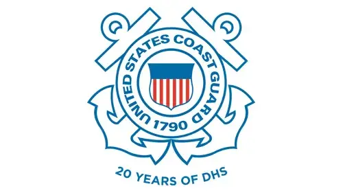 USCG seal with "20 Years of DHS" below the USCG seal in blue