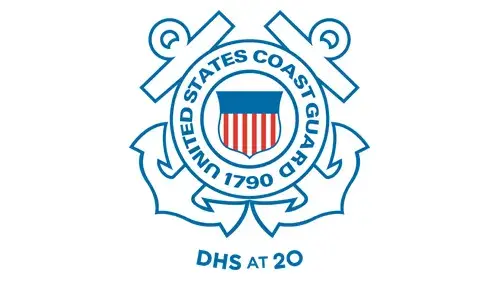 USCG seal with "DHS at 20" below the USCG seal in blue
