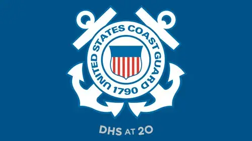 USCG seal with "DHS at 20" below the USCG seal in gray