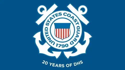 USCG seal with "20 Years of DHS" below the USCG seal in white