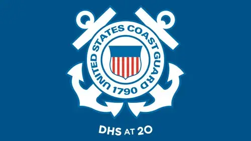 USCG seal with "DHS at 20" below the USCG seal in white