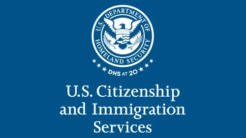 Vertical USCIS wordmark/lockup in monochromatic white with "DHS at 20" below the DHS seal