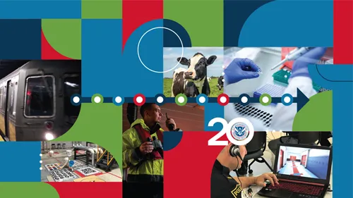 collage of images including subway, robot tests, first responder, cow, laboratory, and police personnel using a computer