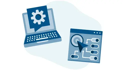 graphic with a laptop and iconography representing a target or identified vulnerability.