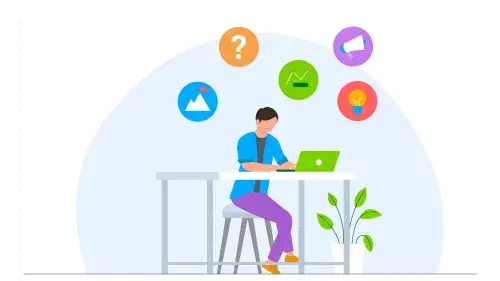 Illustration of a person sitting at a desk with icons above the person to represent them planning a user research session on a computer. 