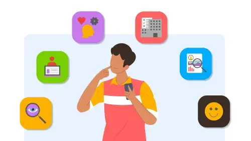 Illustration of a person looking up at different icons that represent the different types of user research. 