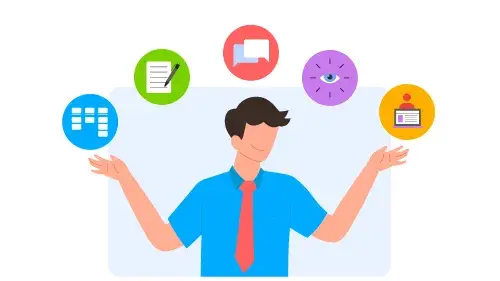  Illustration of a person with their hands up with different icons above to represent the common user research methods.  
