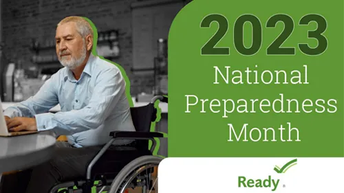 2023 National Preparedness Month, Ready.gov, Elderly gentleman in wheelchair sitting at a table