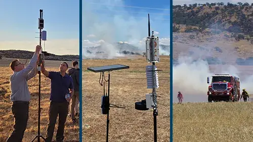 DHS Science and Technology Directorate employees conduct field research on fire sensors for wildfire firefighting