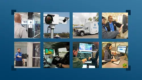A collage of photos of DHS employees using technology and DHS technology in the field