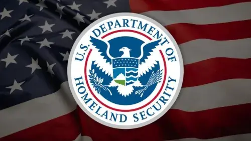 image of the DHS emblem with a US flag background