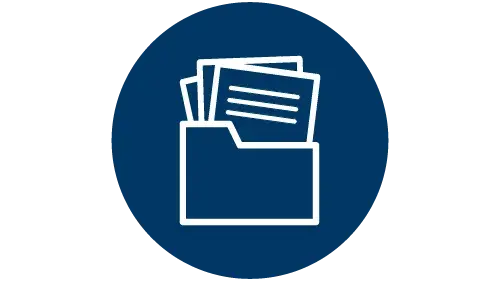 dark blue icon featuring paper and a folder
