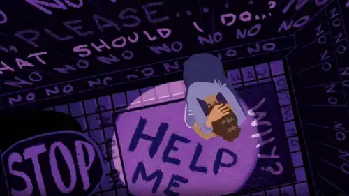 Mia is in the corner of a dark room curled into a ball. Words of Mia's internal thoughts are in purple on the walls saying things like, "what should I do?" "Help me" and "Stop".