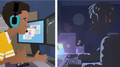 A split screen shows Carter sitting at their computer in a gaming headset on the left side, and an unknown shady figure typing to Carter on the right side.