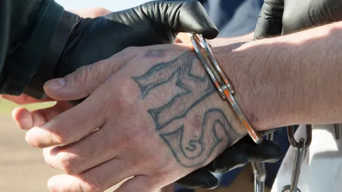 Close up of person in handcuffs. MS-13 gang tattoo is shown on closest hand to camera.