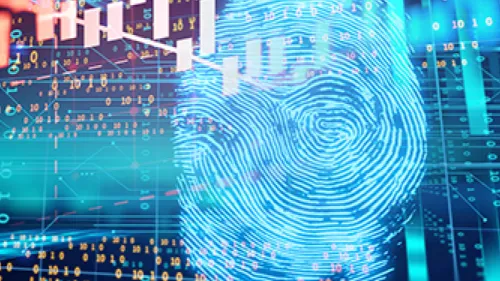 Digital combined image with various cyber related background elements and a enlarged digital fingerprint.