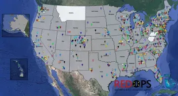A map of the United States, covered in numerous small icons that represent the 200+ bomb squads that have built a REDOPS device. All but two of the states have at least one icon.