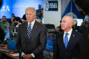 President Biden and Secretary Mayorkas in a FEMA office