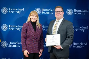 Acting DHS Deputy Secretary Kristie Canegallo with Innovation Award recipient, Don Hough.