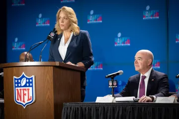 Secretary of Homeland Security Alejandro N. Mayorkas participates in NFL’s Public Safety Press Conference February 7, 2023 with Chief Cathy Lanier and other partners.