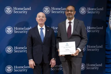 DHS Secretary Alejandro Mayorkas with Innovation Award recipient, Pargat Bajwa.