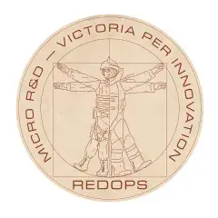 REDOPS logo, consisting of Vitruvian man-like figure, but in bomb squad gear, and the words “Micro R&D – Victoria Per Innovation” surrounding him.