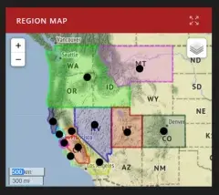 Screen capture of a map on the ALERTWildfire website depicting regional networks in several Western U.S. states. Participating states (Washington, Oregon, Idaho, Montana, Colorado, Utah, Nevada, and California) are color-coded in green, blue, red, yellow, and pink.
