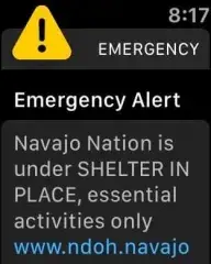 Emergency Alert message. 8:17. Emergency. Emergency Alert. Navajo Nation is under Shelter in Place, essential activities only. www.ndoh.navajo