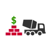 A dump truck next to red brick shaped rectangles stacked up three levels with a green $ sign.