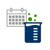A gray calendar grid and a blue chemical beaker with green bubbles rising above it.