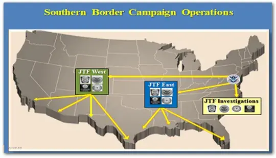 Map of the United States with Southern Border Campaign Operations regions highlighted