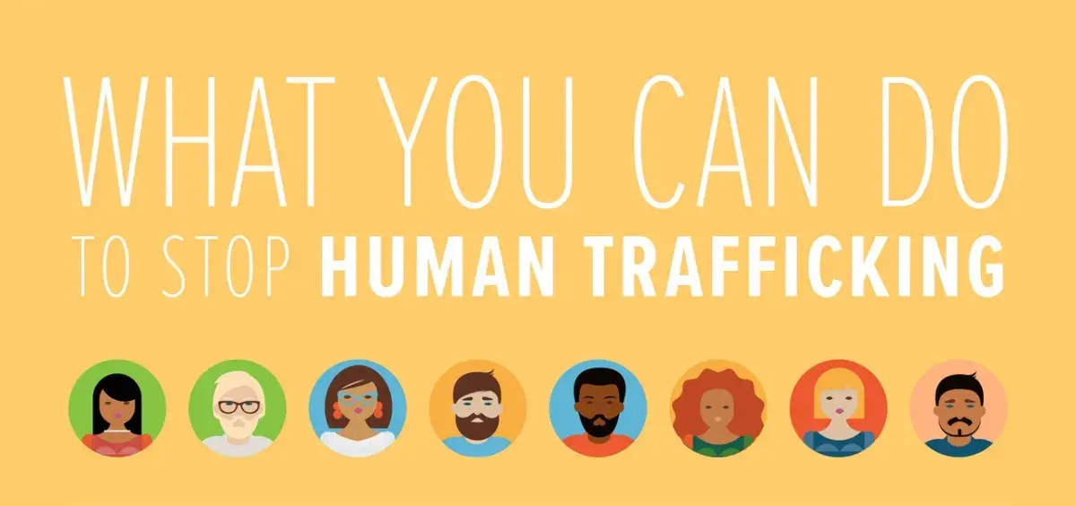 What you can do to stop human trafficking. (white text on yellow background, with images of 8 different people's faces below it in circles across the bottom. People are of different ages and nationalities.)