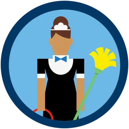 A woman in a housekeeping uniform holding a bucket and mop.