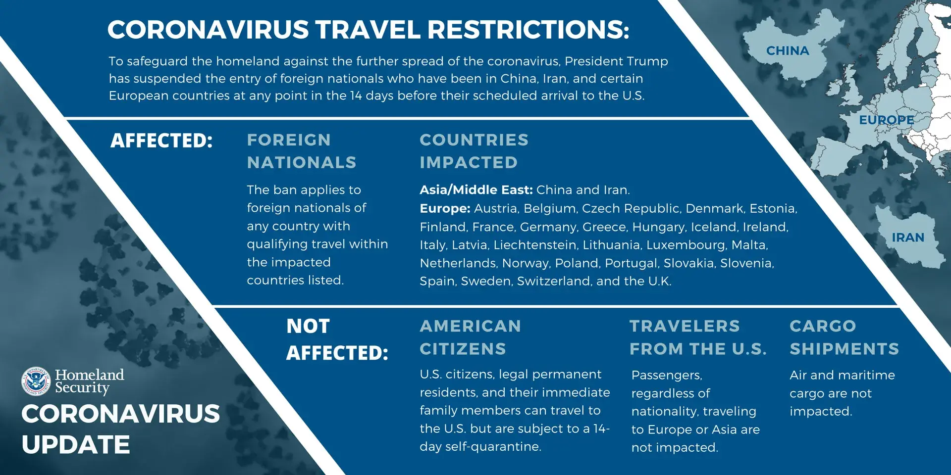 Coronavirus Travel Restrictions: To safeguard the homeland against the further spread of the coronavirus, President Trump has suspended the entry of foreign nationals who have been in China, Iran, and certain European countries at any point in the 14 days before their scheduled arrival to the US. | Affected: Foreign Nationals.  The ban applies to foreign nationals of any country with qualifying travel within the impacted countries listed. | Countries impacted: Asia/Middle East: China and Iran. Europe: Austria, Belgium, Czech Republic, Denmark, Estonia, Finland, France, Germany, Greece, Hungary, Iceland, Ireland, Italy, Latvia, Liechtenstein, Lithuania, Luxembourg, Malta, Netherlands, Norway, Poland, Portugal, Slovakia, Slovenia, Spain, Sweden, Switzerland, and the U.K. | Not affected: American Citizens: U.S. citizens, legal permanent residents, and their immediate family members can travel to the US but are subject to a 14-day self-quarantine; Travelers from the US: Passengers, regardless of nationality, traveling to Europe or Asia are not impacted; Cargo Shipments: Air and maritime cargo are not impacted.