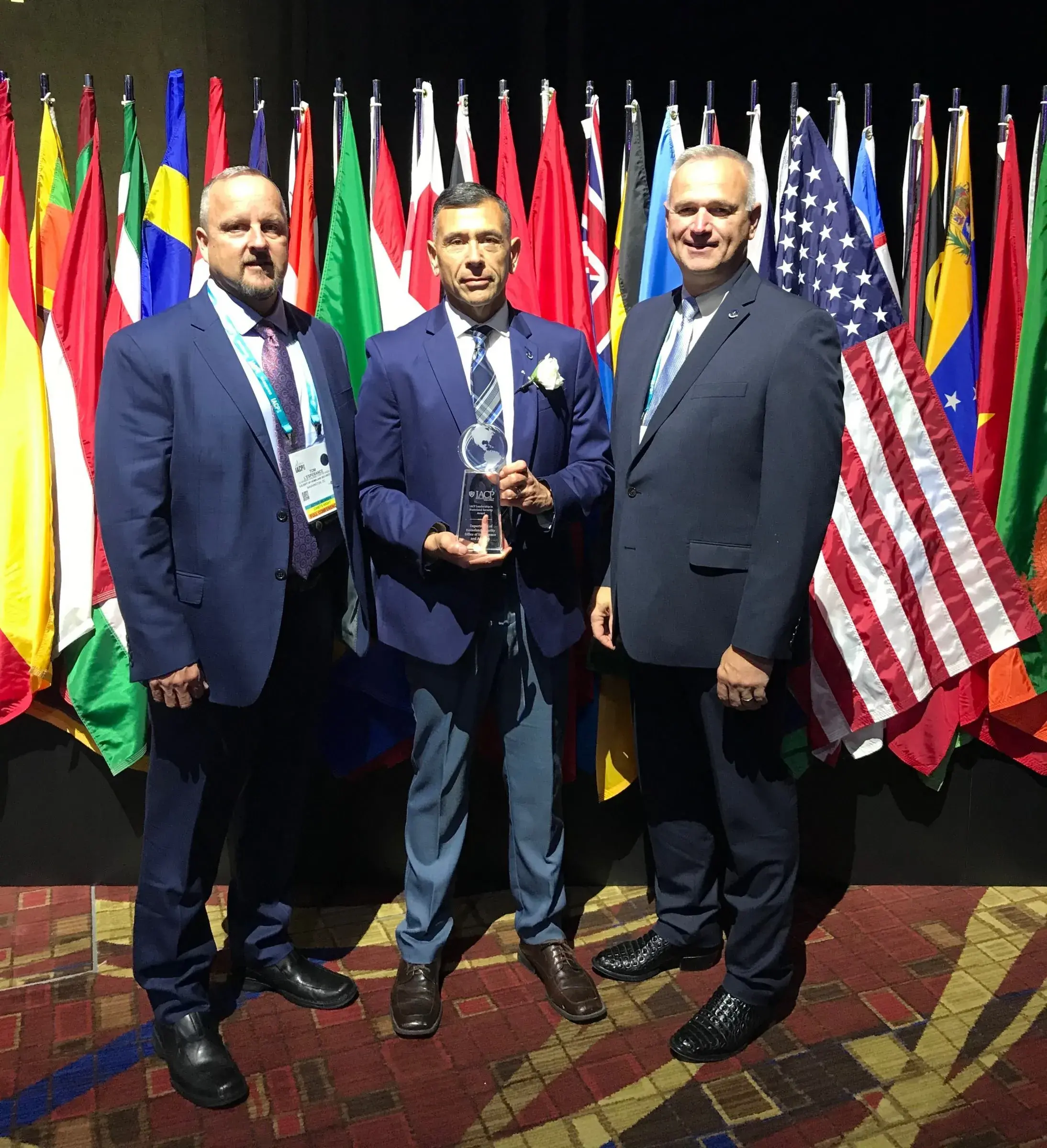 (From left) DHS Office of Intelligence and Analysis Law Enforcement Advisor Tom L'Esperance, Major David Cabrera of the Texas Department of Public Safety (DPS) Intelligence and Counterterrorism Division, and Texas DPS Intelligence and Counterterrorism Division Chief Dale Avant jointly accepted the International Association of Chiefs of Police 2019 Leadership in Homeland Security Award.