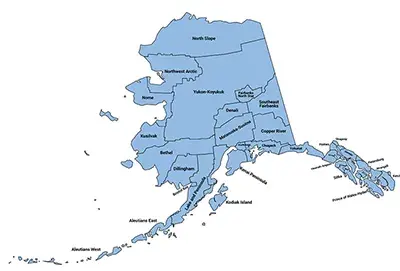Map of Alaska with boundaries for and names of each county displayed