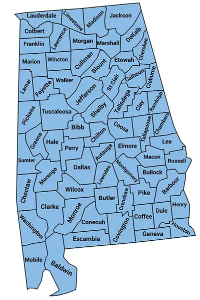 Map of Alabama with boundaries for and names of each county displayed