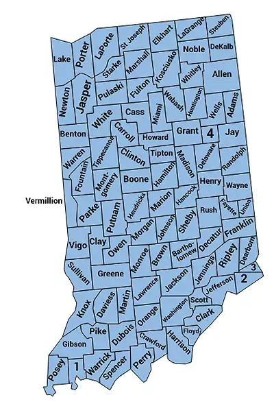 Map of Indiana with boundaries for and names of each county displayed