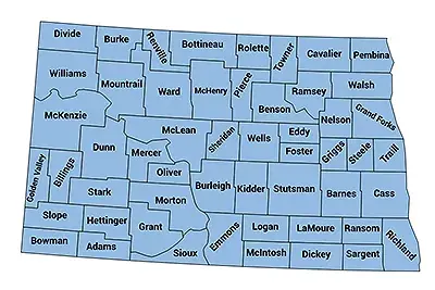 Map of North Dakota with boundaries for and names of each county displayed