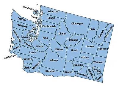 Map of the state of Washington with boundaries and names for each county.
