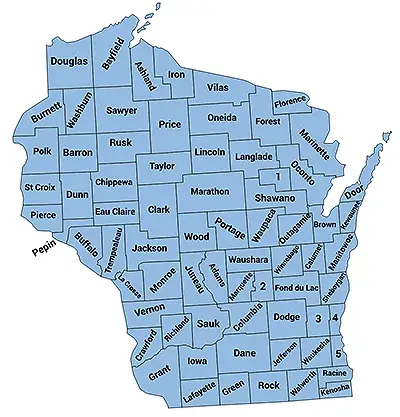 Map of Wisconsin with boundaries for and names of each county displayed